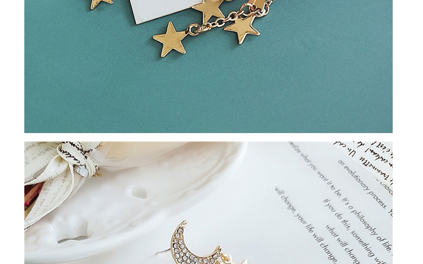 Fashion Yellow Alloy Star Moon Asymmetric Diamond Earrings,Drop Earrings