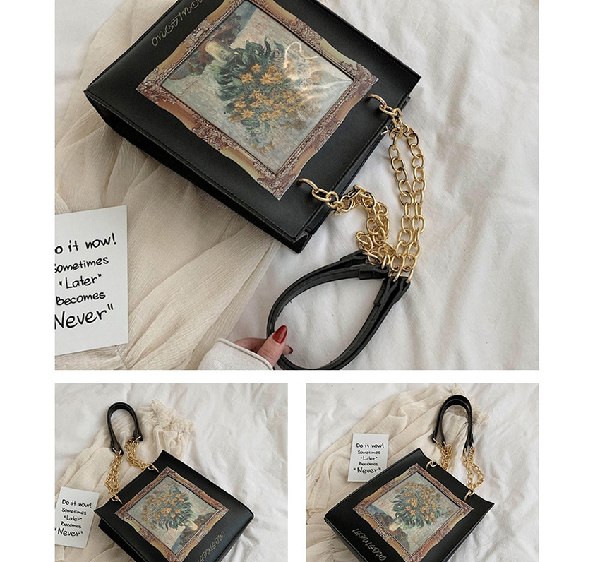 Fashion Black Flowers Printed Portrait Chain Shoulder Bag,Messenger bags