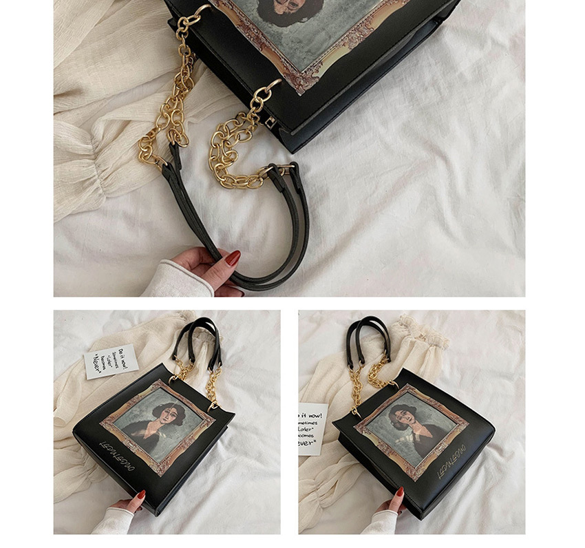 Fashion Black Flowers Printed Portrait Chain Shoulder Bag,Messenger bags