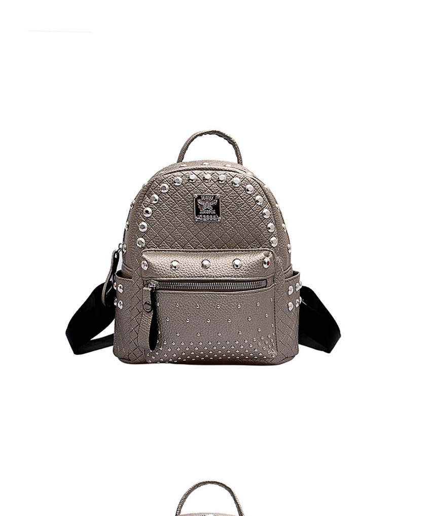 Fashion Silver Gray Trumpet Studded Checked Backpack,Backpack