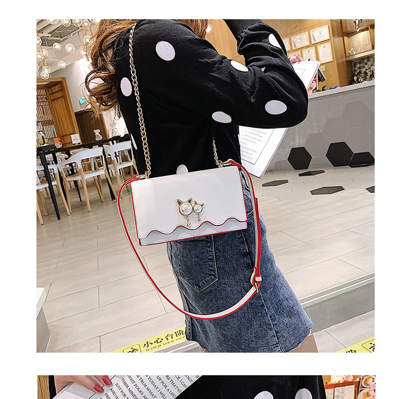 Fashion Off-white Chain Pearl Cat Lock Cross-body Bag,Shoulder bags