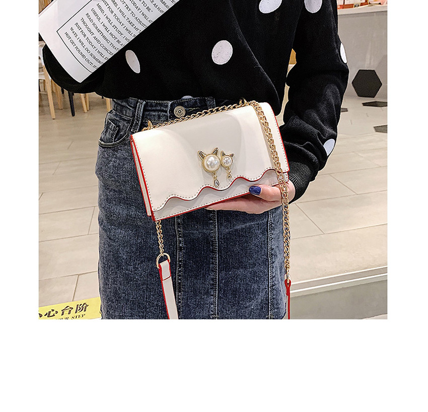 Fashion Off-white Chain Pearl Cat Lock Cross-body Bag,Shoulder bags