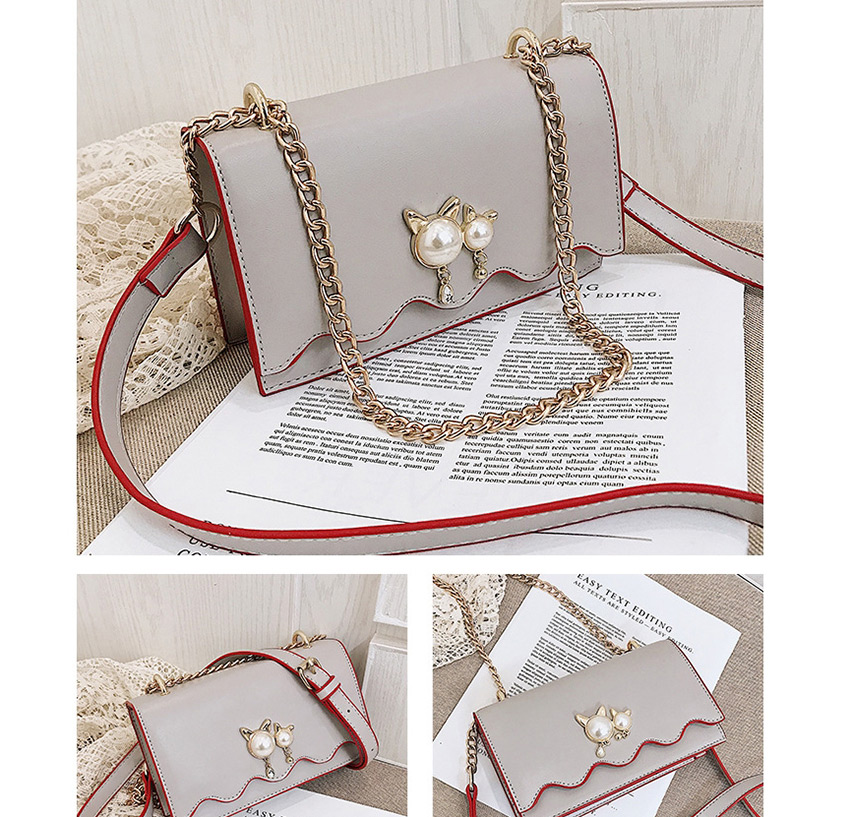 Fashion Gray Chain Pearl Cat Lock Cross-body Bag,Shoulder bags