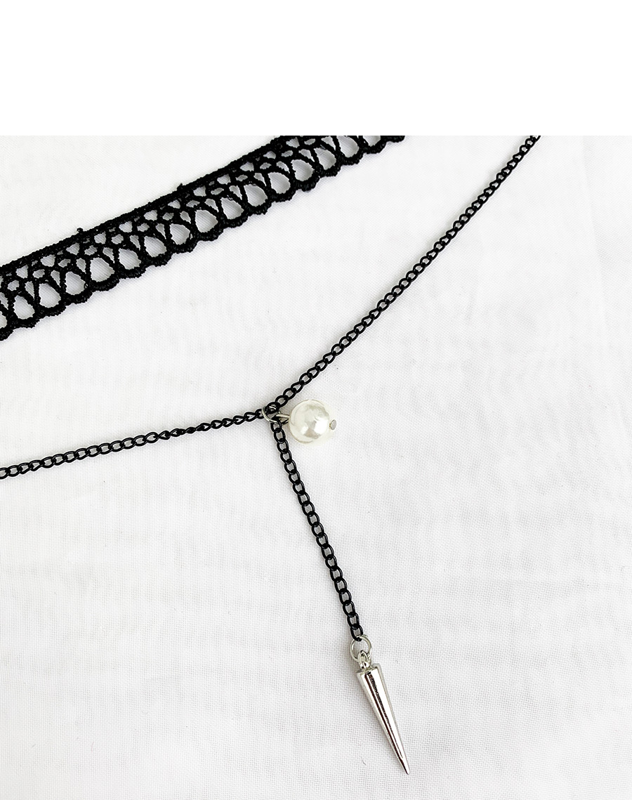 Fashion Black Lace Alloy Chain Pearl Necklace,Multi Strand Necklaces