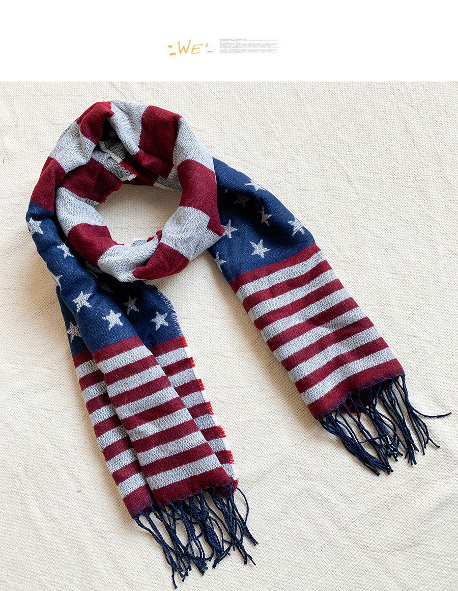 Fashion Red + Blue Knitted Five-pointed Star Fringed Scarf,Thin Scaves