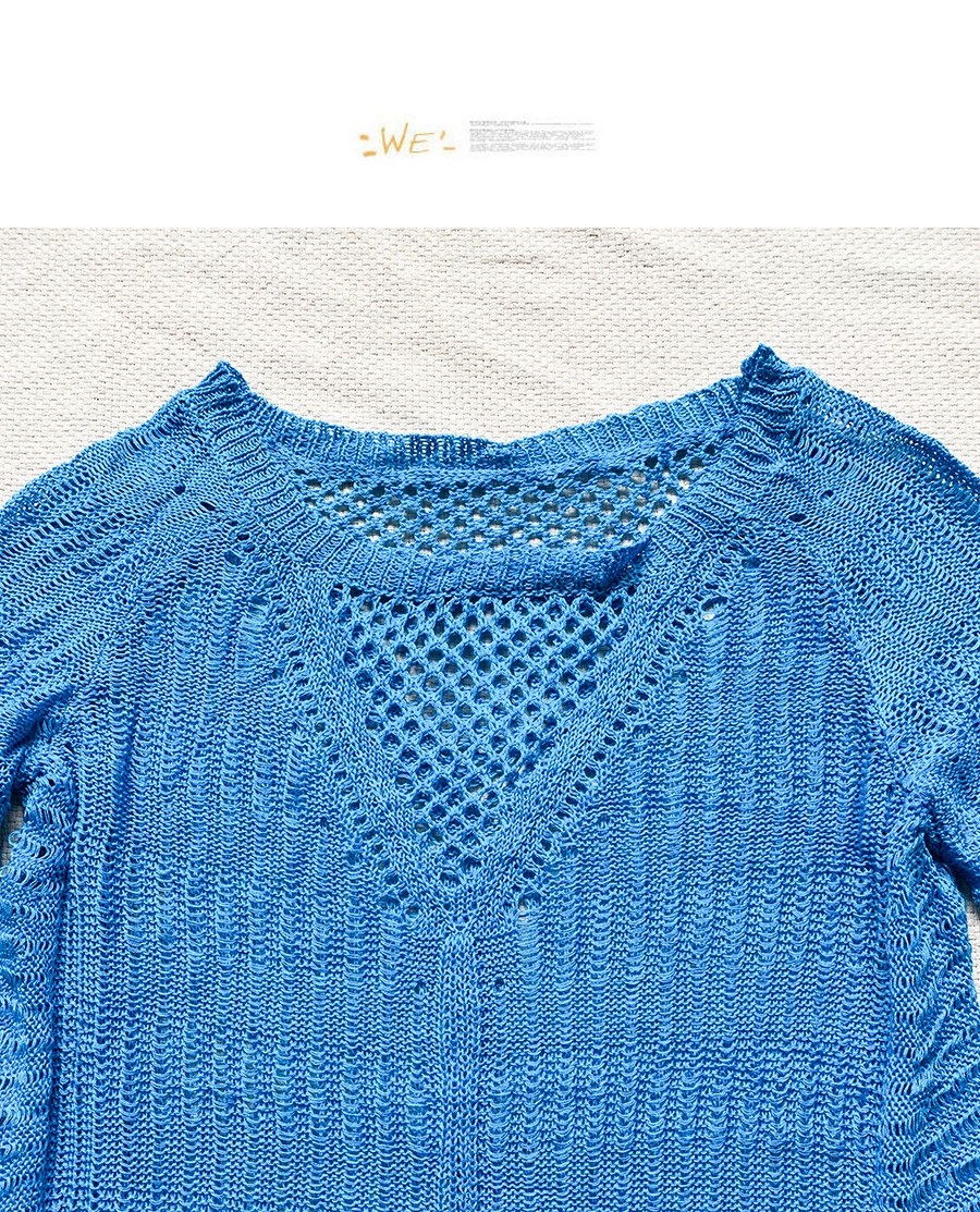 Fashion Blue Knitted Openwork Tassel Top,Sunscreen Shirts
