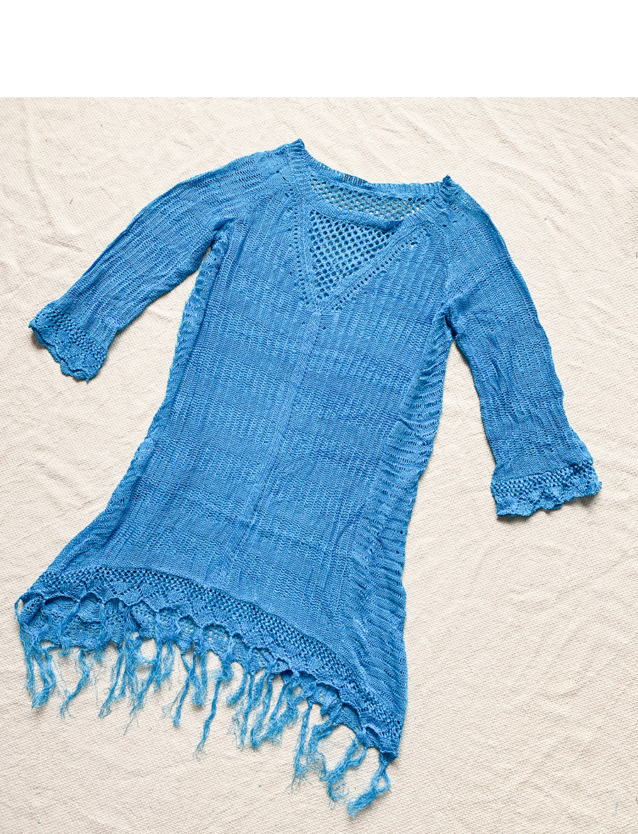 Fashion Blue Knitted Openwork Tassel Top,Sunscreen Shirts