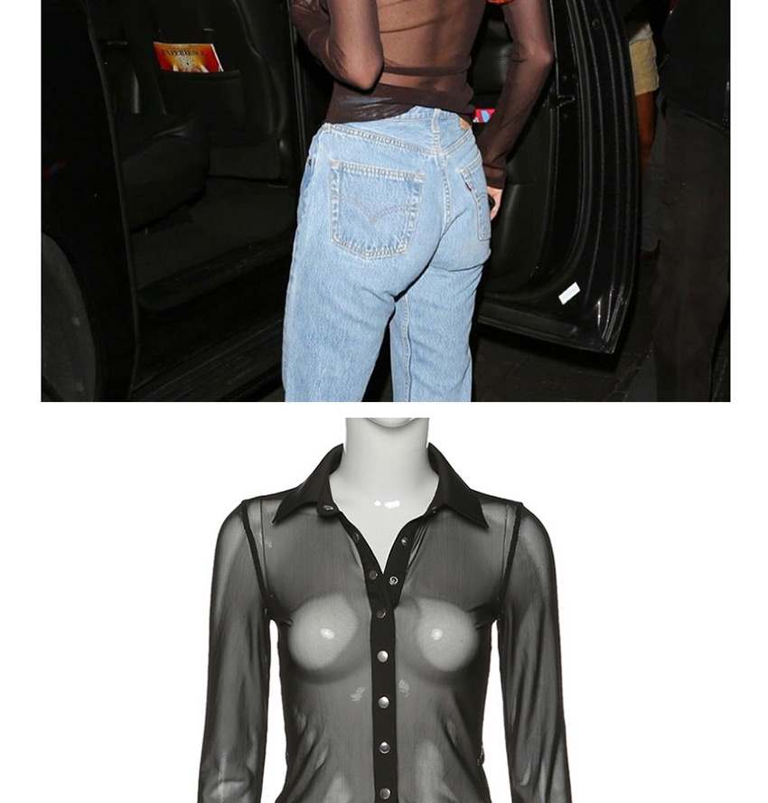 Fashion Black Long-sleeved Shirt Collar Single-breasted See-through Mesh T-shirt,Tank Tops & Camis