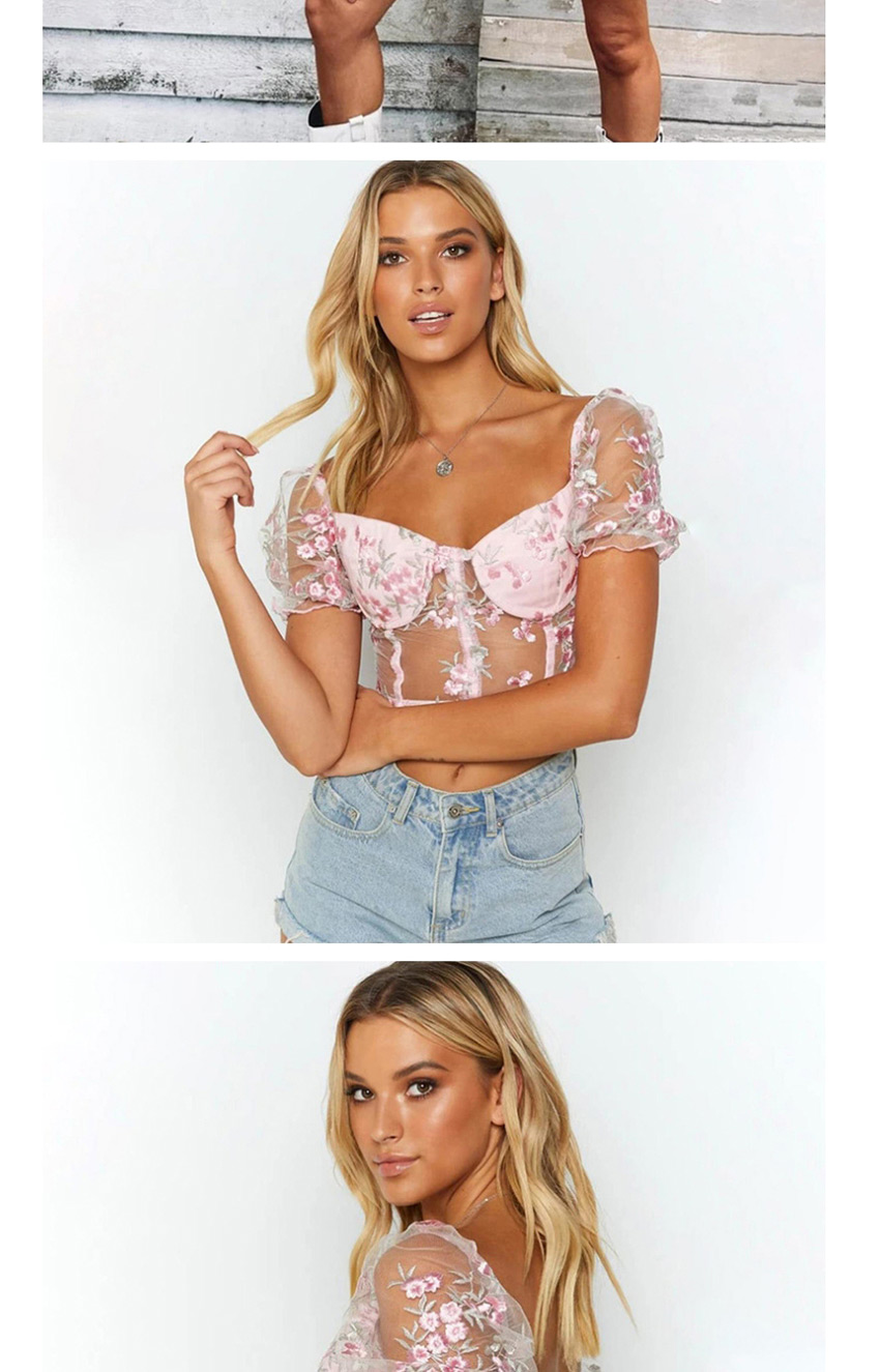 Fashion Pink V-neck Short Sleeve Embroidered See-through Short T-shirt,Tank Tops & Camis