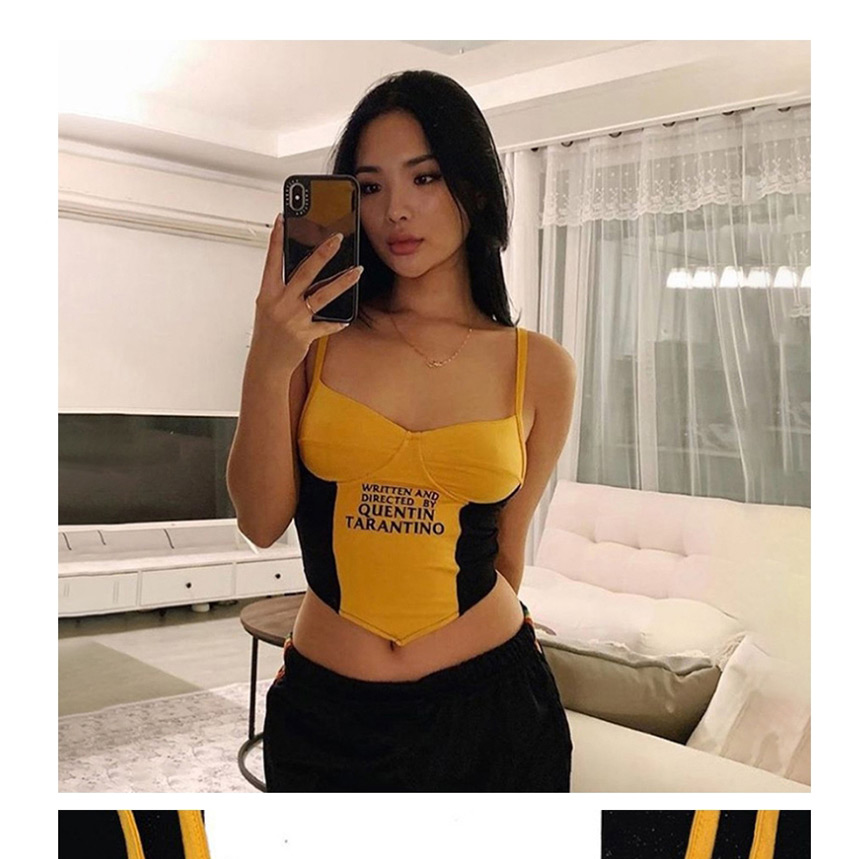 Fashion Yellow Contrast Stitching Letter Printed Small Vest,Tank Tops & Camis