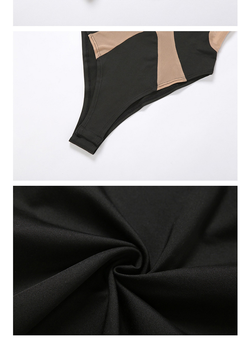 Fashion Black V-neck Sleeveless Perspective Mesh Contrast Color Jumpsuit,Pants