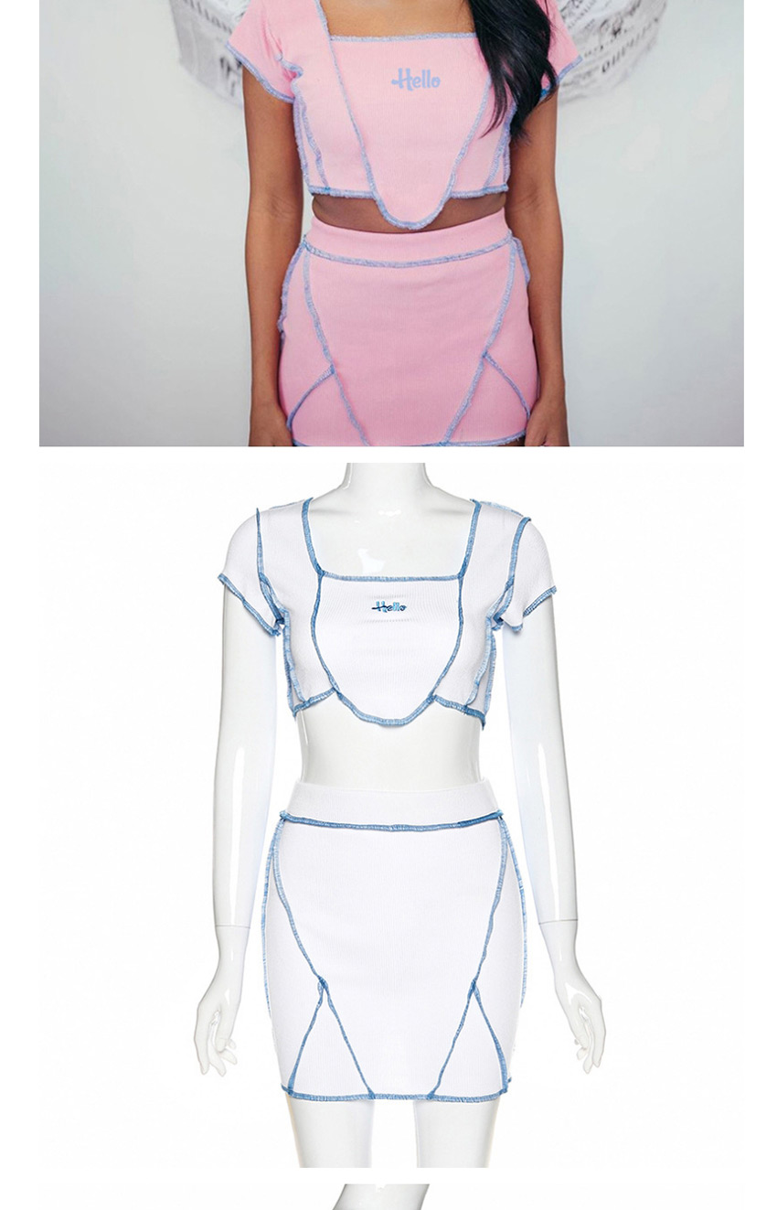 Fashion Pink Short-sleeved Word Collar T-shirt High Waist Bag Hip Skirt Suit,Tank Tops & Camis