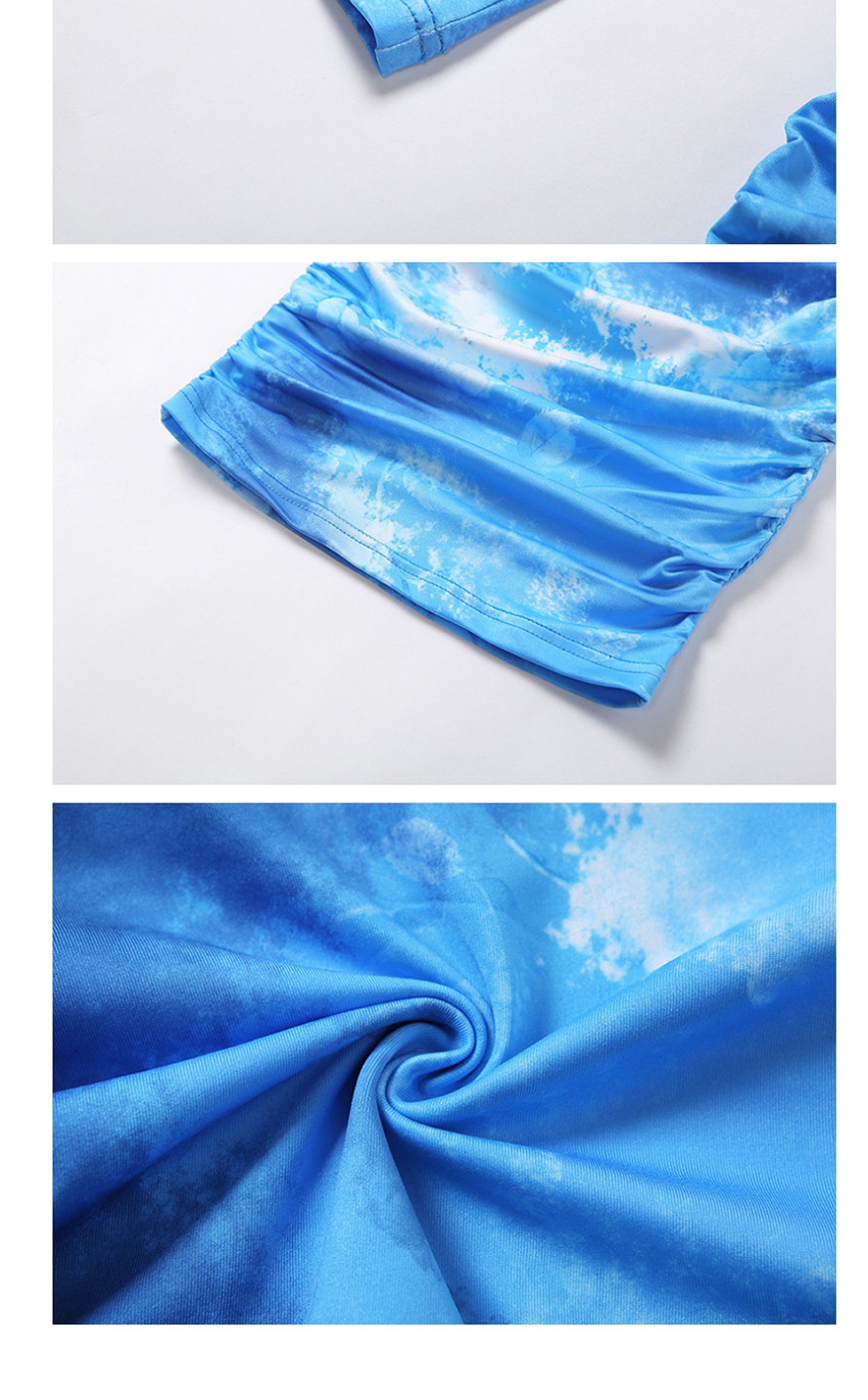 Fashion Blue Round Neck Long Sleeve Pleated Print Dress,Long Dress