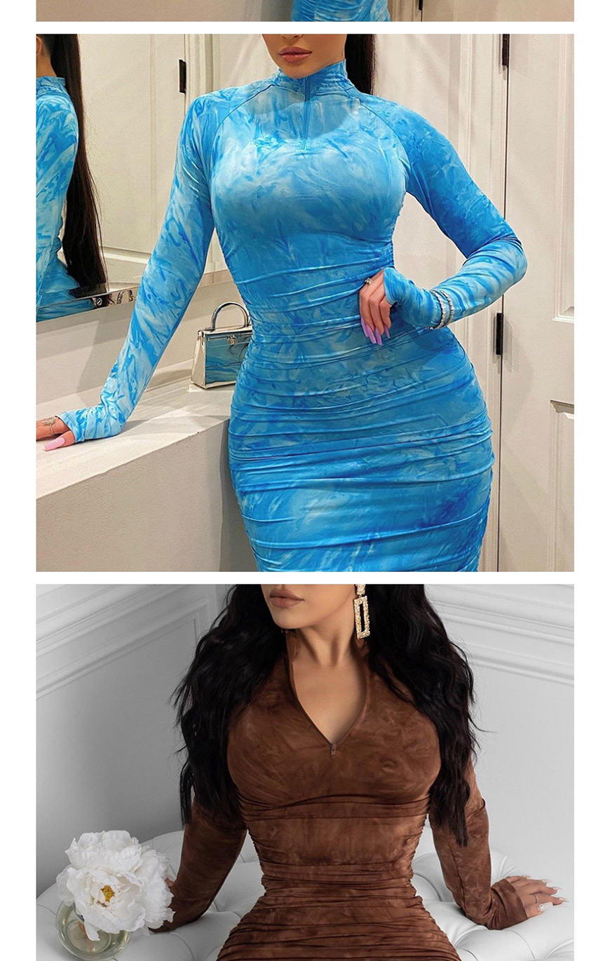 Fashion Blue Round Neck Long Sleeve Pleated Print Dress,Long Dress