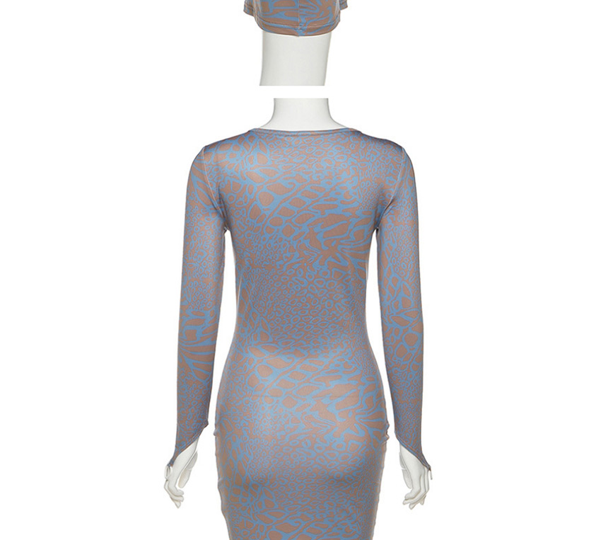 Fashion Blue Round Neck Long Sleeve Printed Slim Dress,Long Dress
