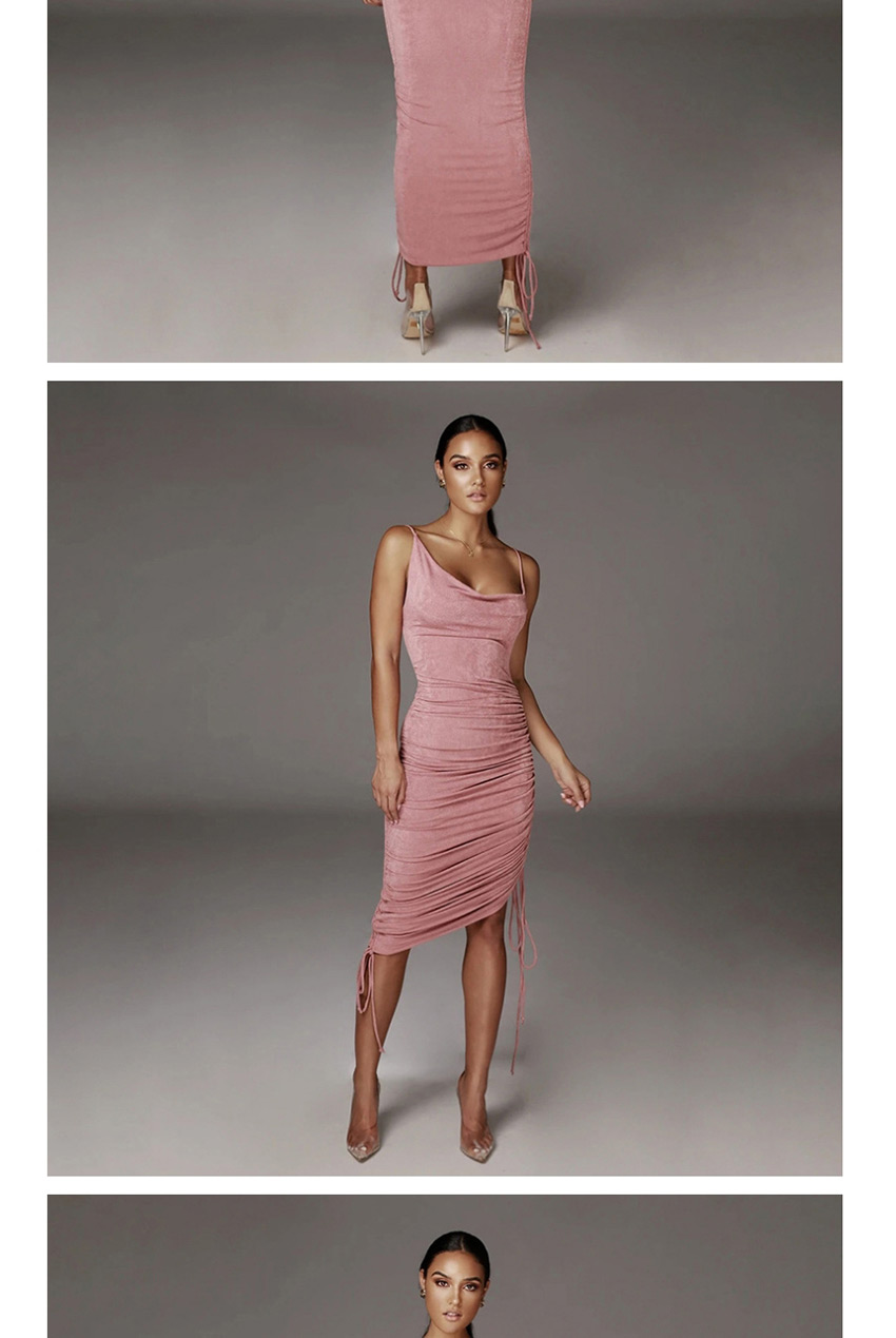 Fashion Pink Strapless Slim-fit Drawstring Dress,Long Dress