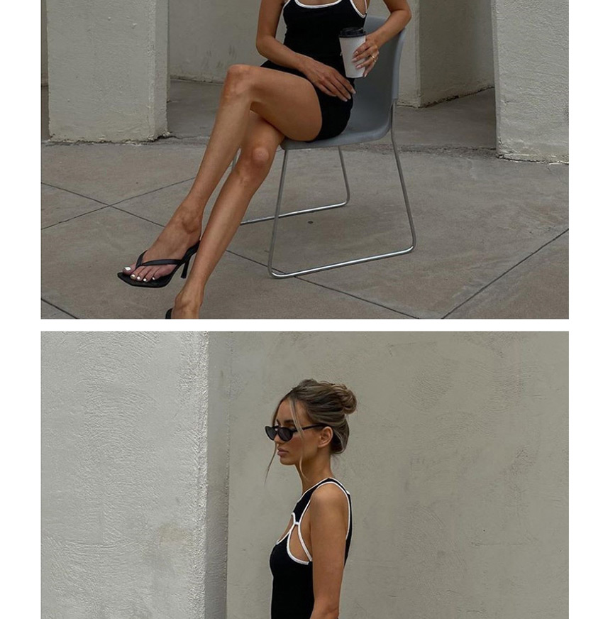 Fashion Black Round-neck Sleeveless Cutout Contrast Dress,Long Dress
