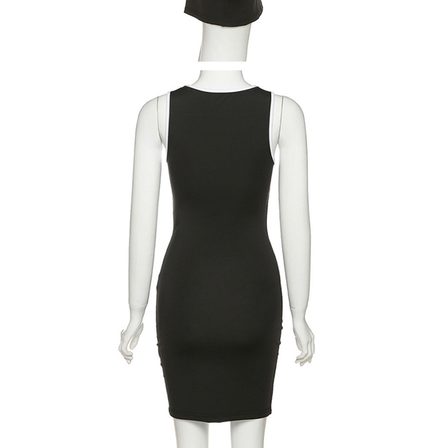 Fashion Black Round-neck Sleeveless Cutout Contrast Dress,Long Dress