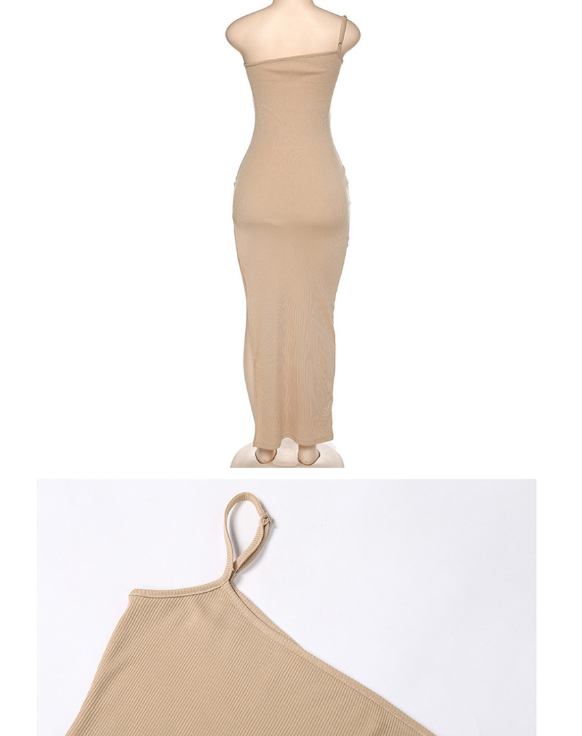 Fashion Khaki One-shoulder Slim Fit Split Dress,Long Dress