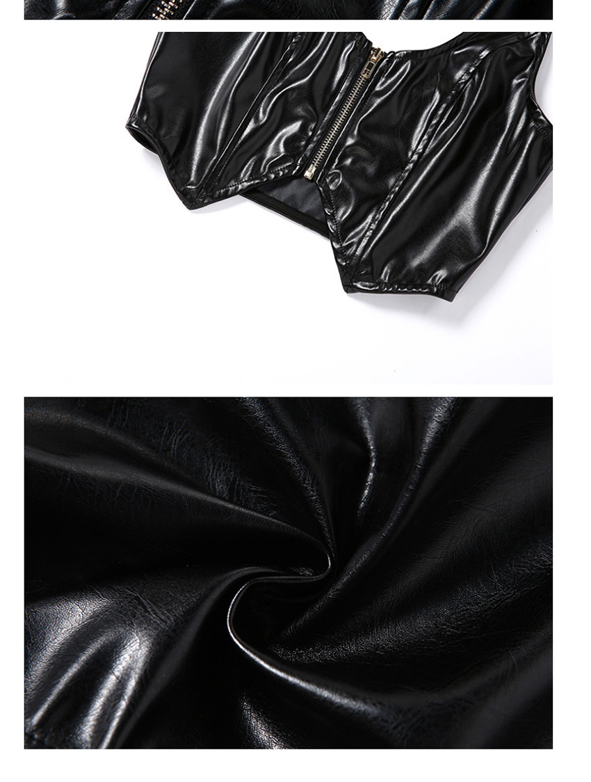 Fashion Black Slim Fit Pu Vest With Halter Halter,Tank Tops & Camis