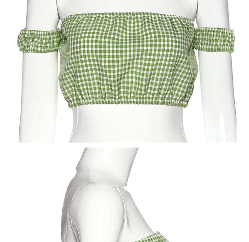 Fashion Green One-shoulder Short-sleeved Checked Small Tube Top,Tank Tops & Camis