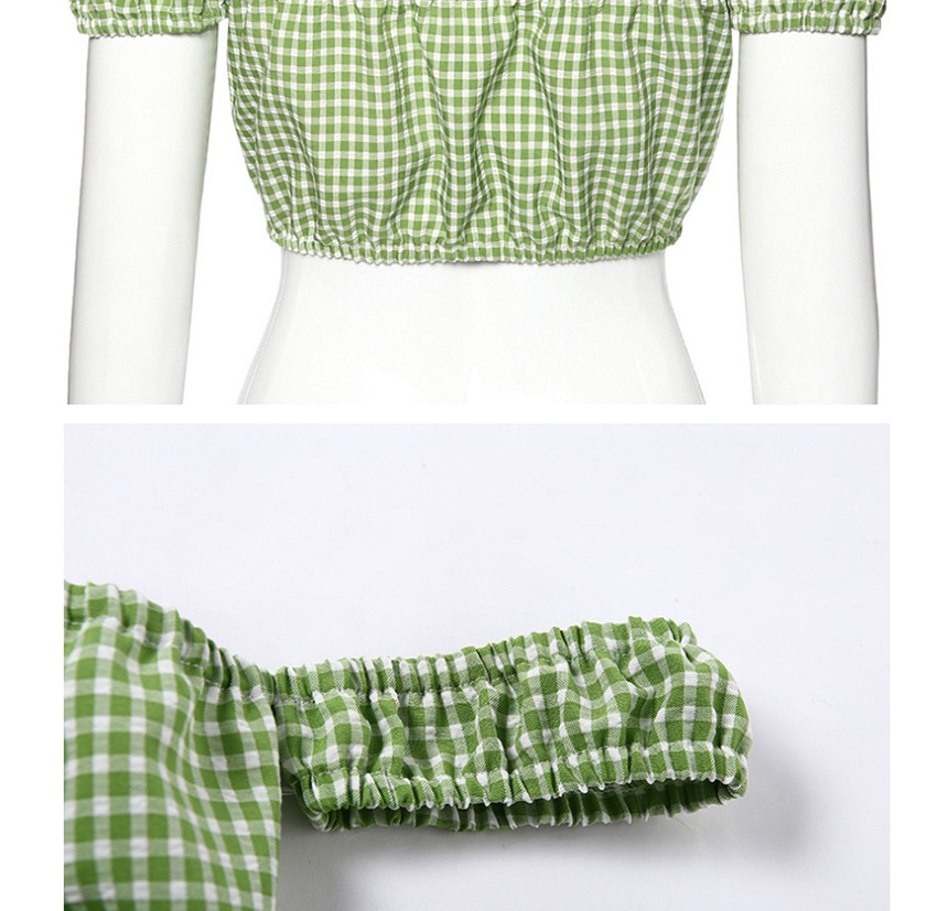 Fashion Green One-shoulder Short-sleeved Checked Small Tube Top,Tank Tops & Camis