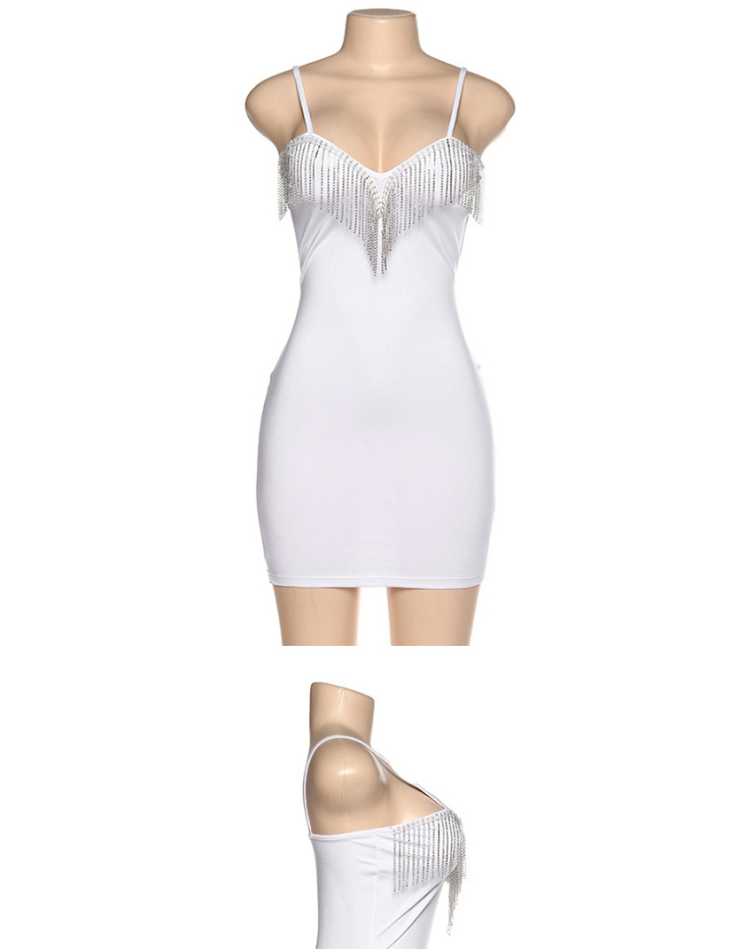 Fashion White Strap V-neck Rhinestone Slim Dress,Long Dress