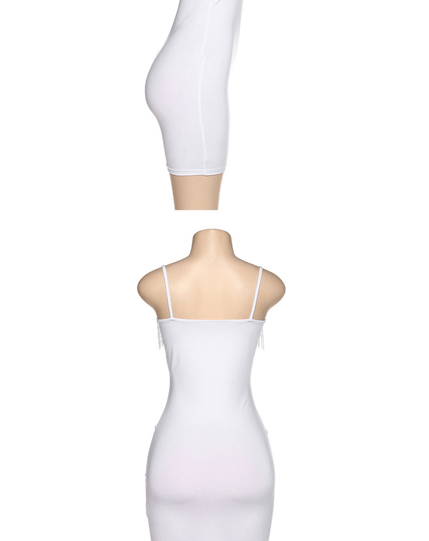 Fashion White Strap V-neck Rhinestone Slim Dress,Long Dress