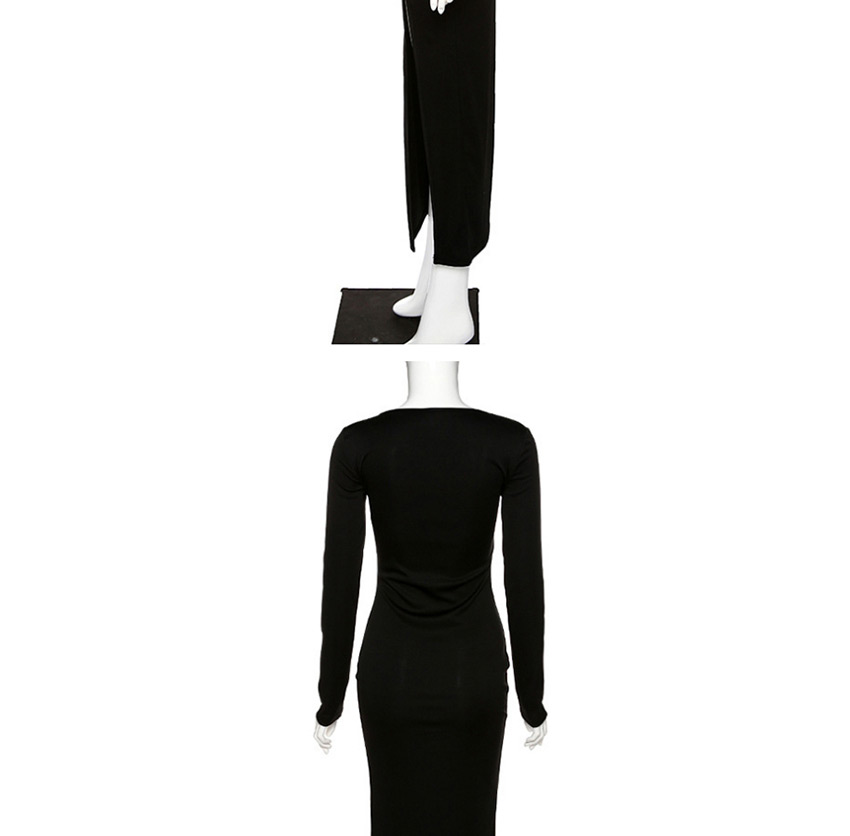 Fashion Black Square Collar Long Sleeve Split Slim Dress,Long Dress