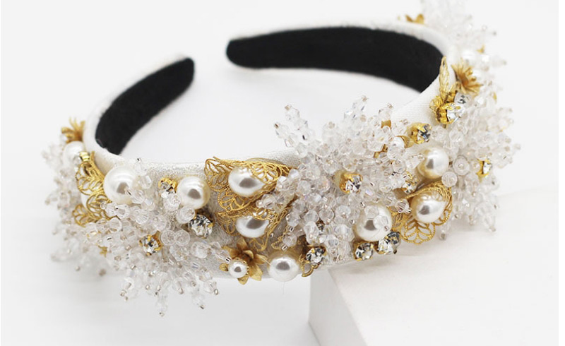Fashion White Crystal Beaded Pearl Flower Metal Hollow Headband,Head Band