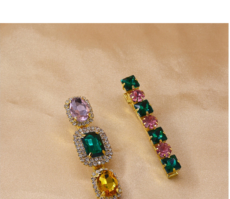 Fashion Green + Pink Diamond-shaped Faceted Crystal Geometric Hairpin,Hairpins