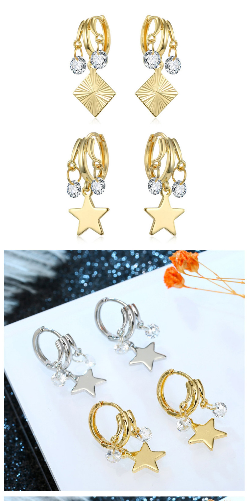Fashion Gold Zircon Water Droplets Zircon Star Sequin Eye Earrings,Earrings