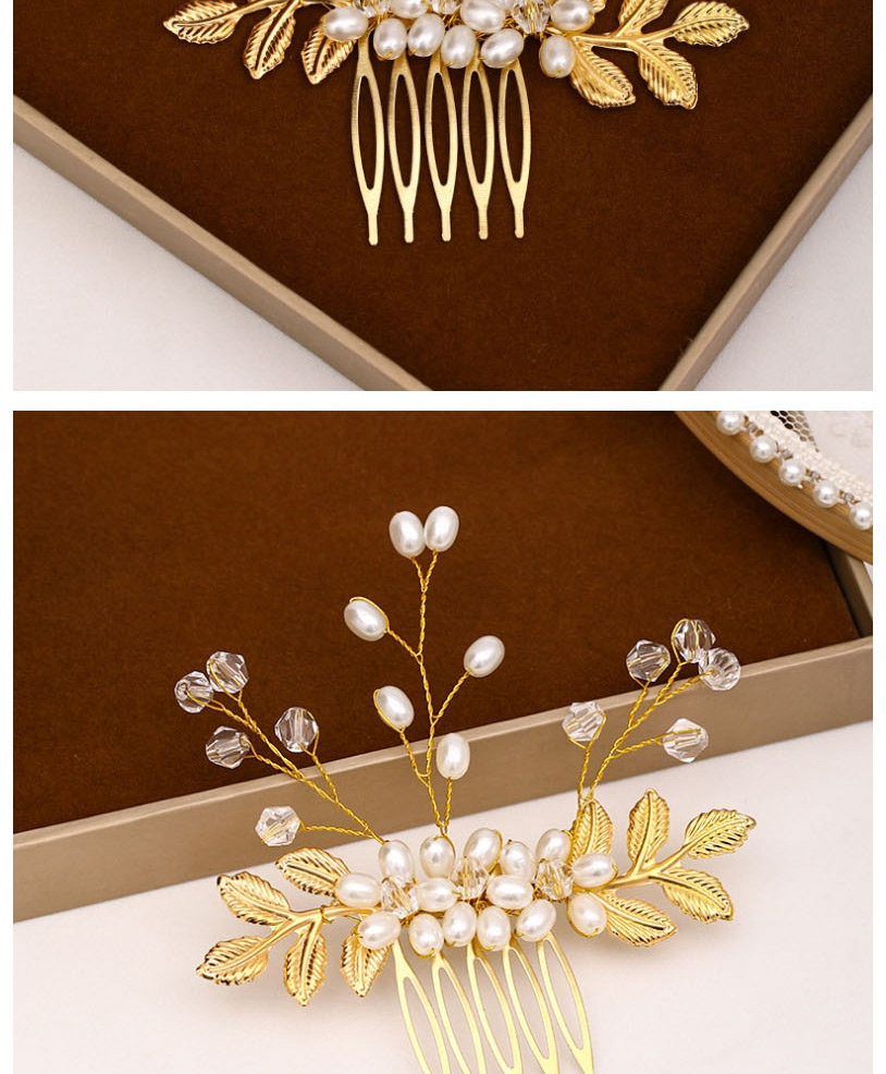  Golden Pearl Hand-woven Leaf Alloy Comb,Bridal Headwear