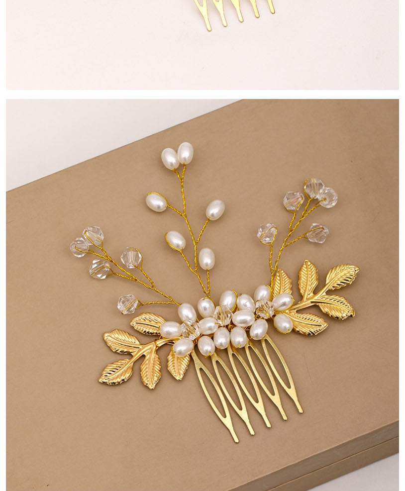  Golden Pearl Hand-woven Leaf Alloy Comb,Bridal Headwear