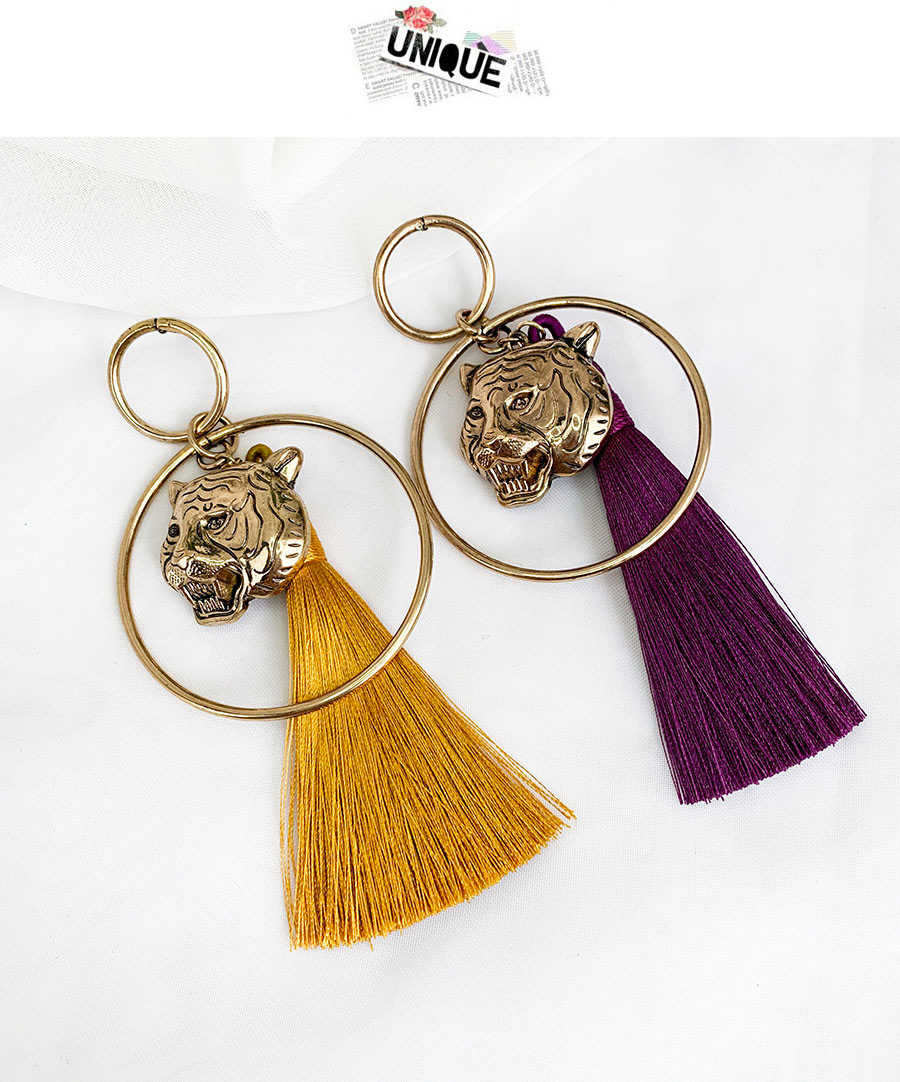 Fashion Purple Alloy Circle Leopard Head Tassel Earrings,Drop Earrings