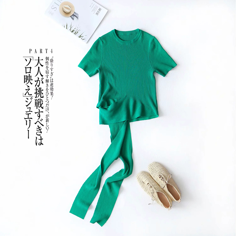  Green Curved Bead Knit Top,Sweater