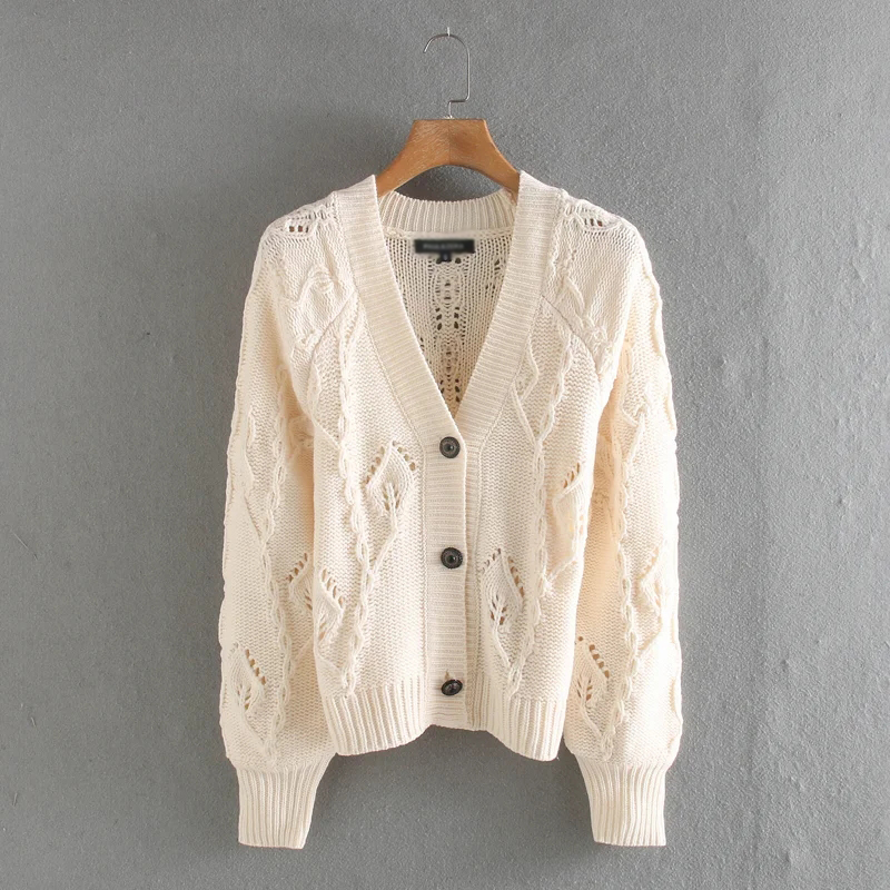  Creamy-white Jewelry Button V-neck Openwork Knitted Cardigan,Sweater