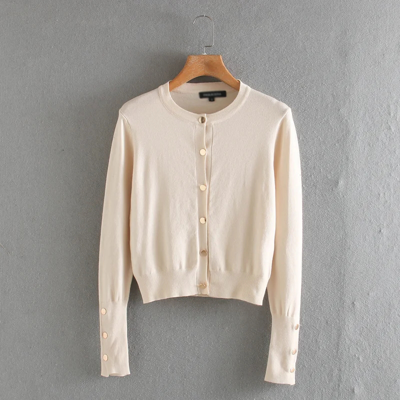  Creamy-white Single-breasted Round Neck Knitted Cardigan,Sweater