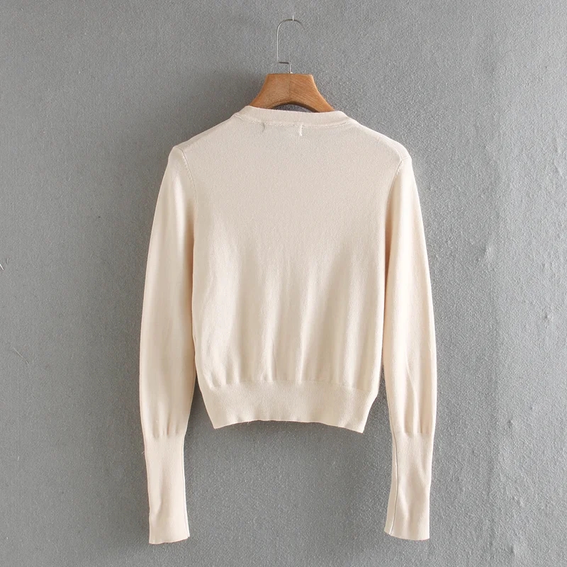 Creamy-white Single-breasted Round Neck Knitted Cardigan,Sweater