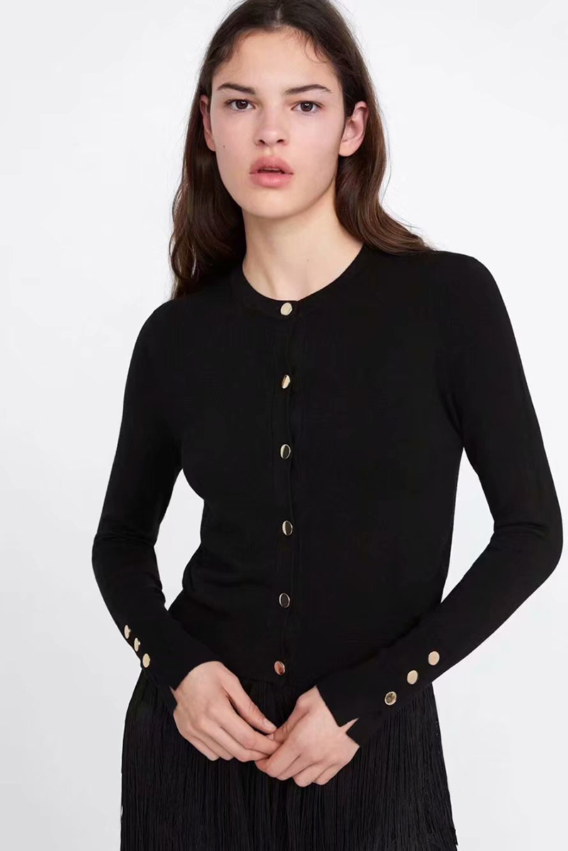  Black Single-breasted Round Neck Knitted Cardigan,Sweater