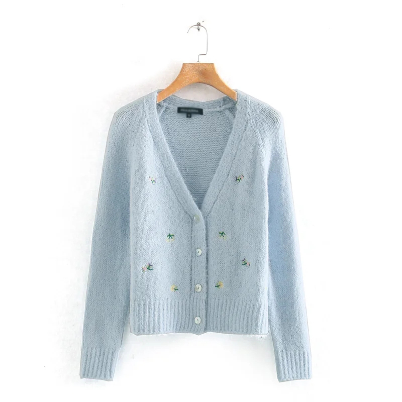  Blue Floral Embroidered Raglan Sleeve Knitted Cardigan,Sweater