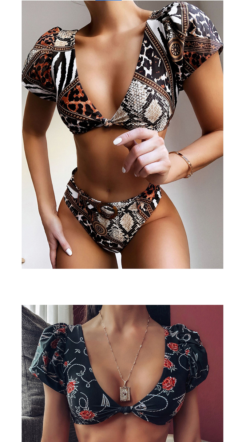 Fashion Brown Short-sleeved Printed Knotted Split Swimsuit,Bikini Sets