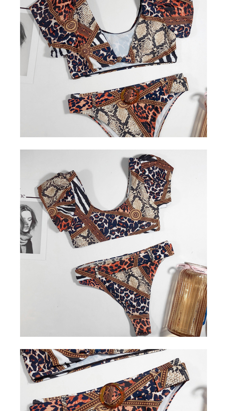 Fashion Brown Short-sleeved Printed Knotted Split Swimsuit,Bikini Sets