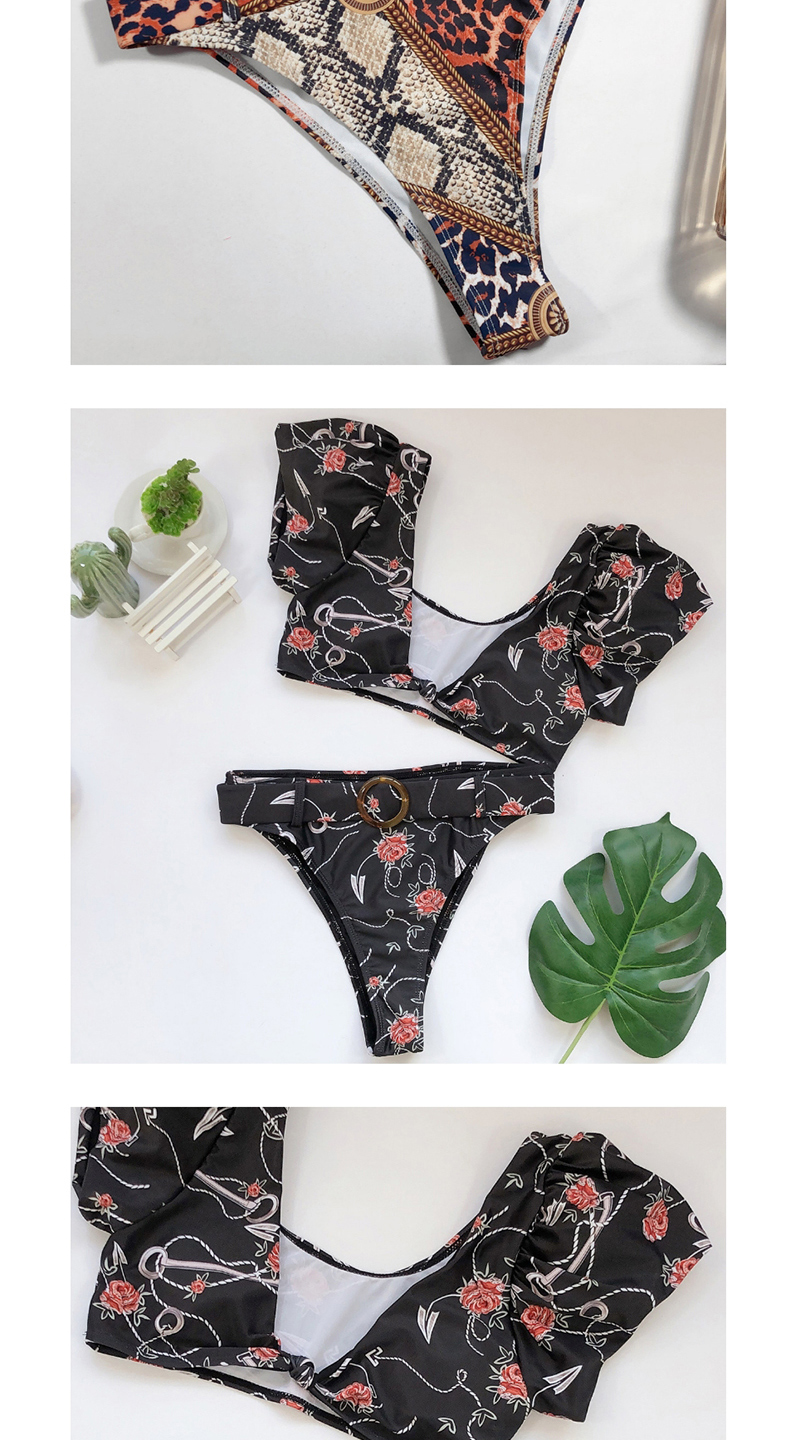Fashion Black Short-sleeved Printed Knotted Split Swimsuit,Bikini Sets