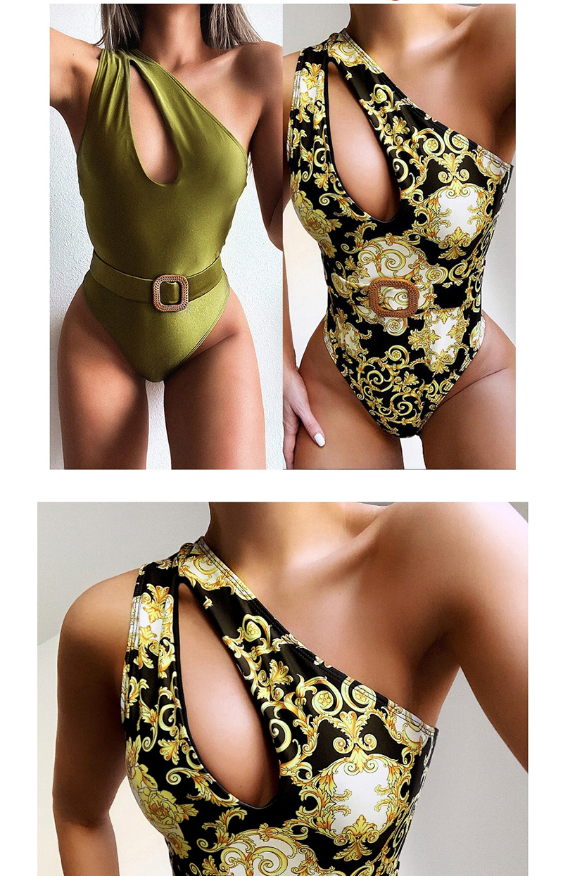 Fashion Armygreen One-piece Swimsuit With Cutout Shoulder And Belt,One Pieces