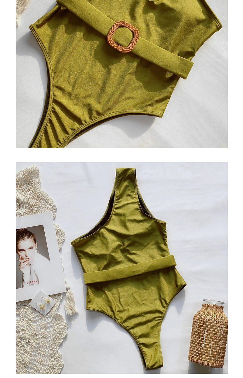 Fashion Armygreen One-piece Swimsuit With Cutout Shoulder And Belt,One Pieces