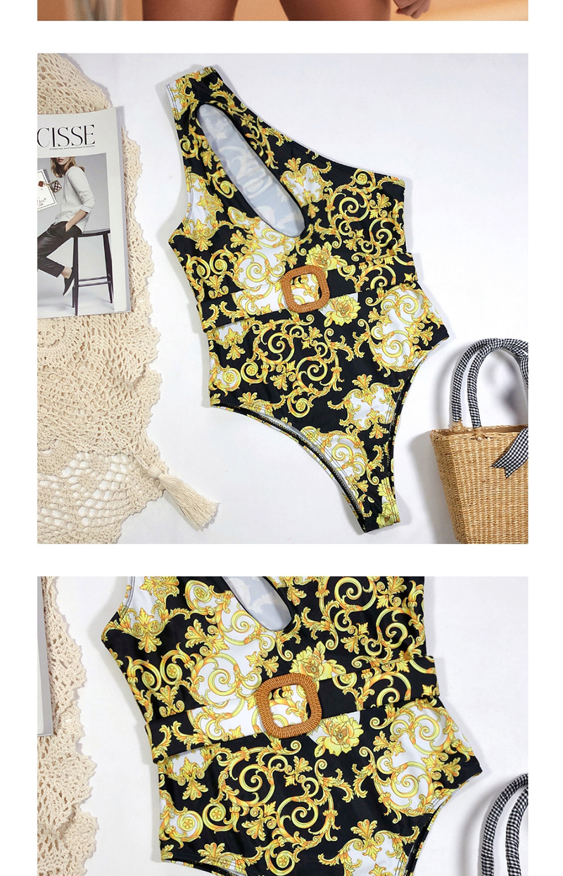 Fashion Yellow Print One-piece Swimsuit With Cutout Shoulder And Belt,One Pieces