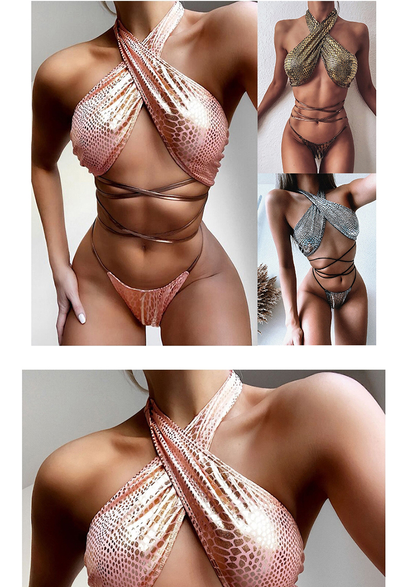 Fashion Silver Split Swimsuit With Snake Fabric Straps,Bikini Sets