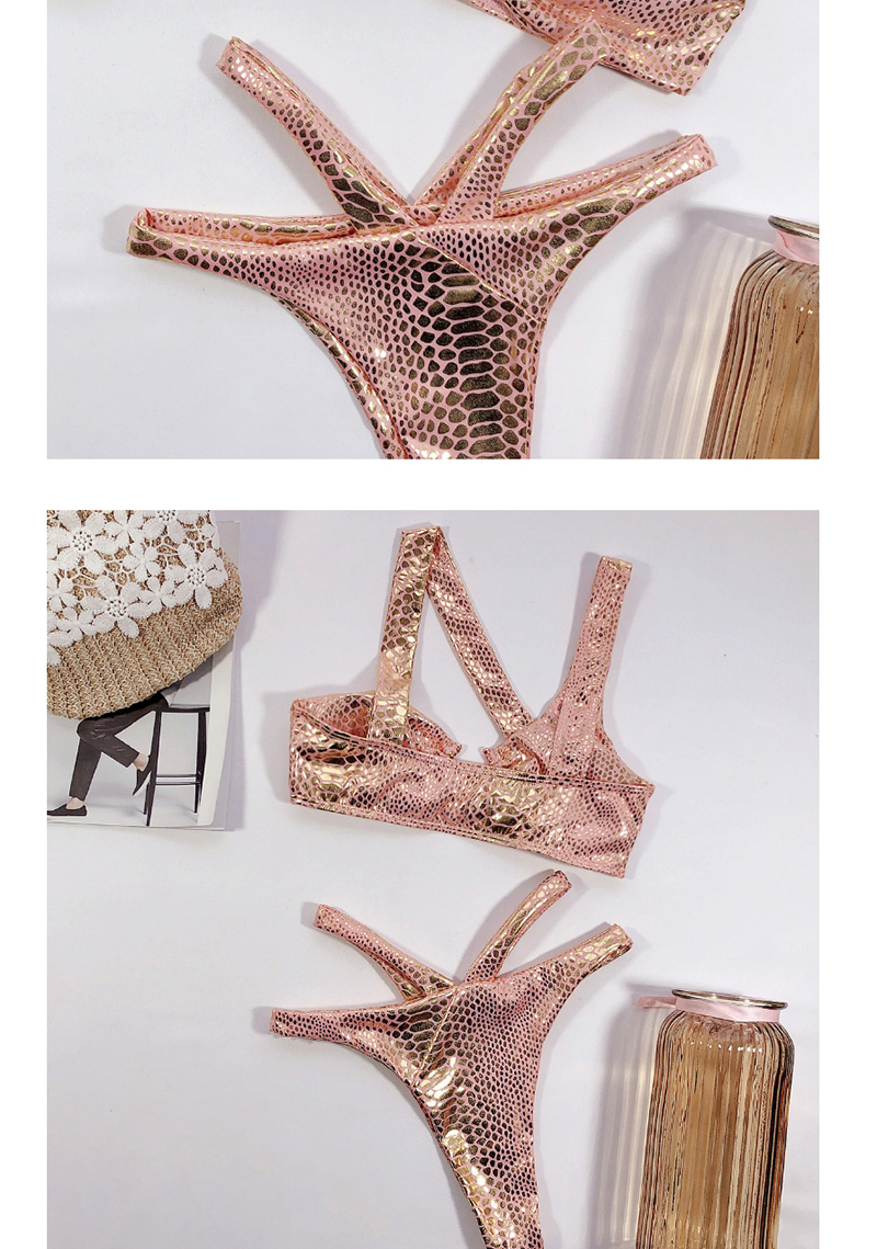 Fashion Pink Bronze Fabric Hollow Stitching Split Swimsuit,Bikini Sets