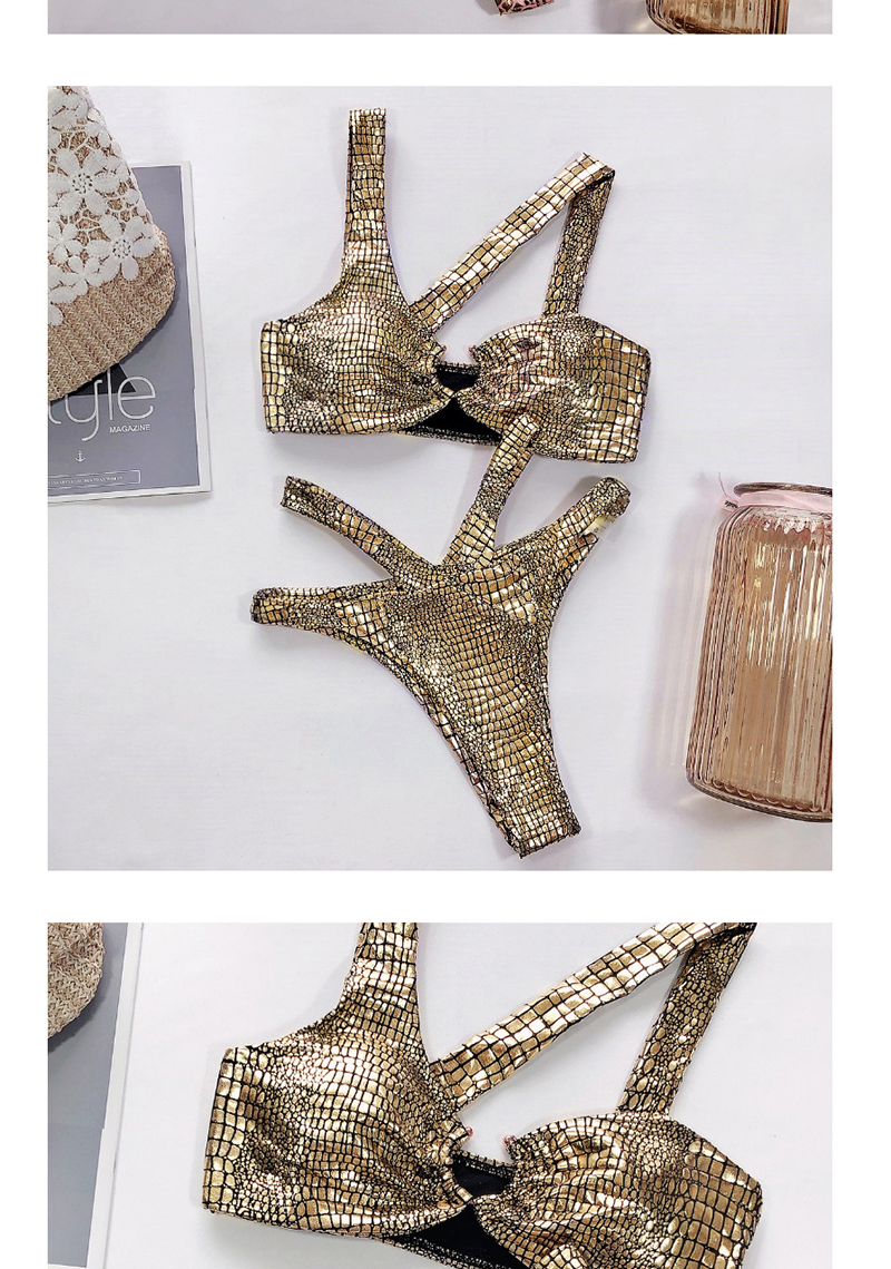 Fashion Pink Bronze Fabric Hollow Stitching Split Swimsuit,Bikini Sets